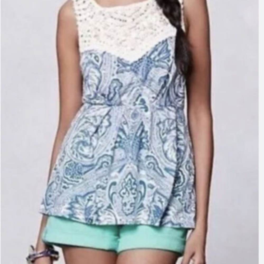 Anthropologie Blue Crocheted Trim Sleeveless Blouse - Delete